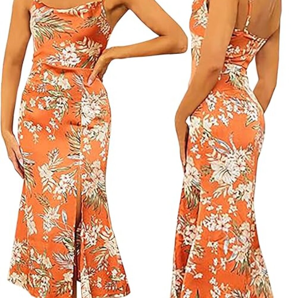 Women's Cowl Neck Spaghetti Strap Slit Satin Wedding Guest Party Dress Backless